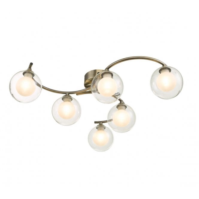 NAKITA 6 Light Semi Flush Ceiling Light Antique Brass With Clear and Opal Glass
