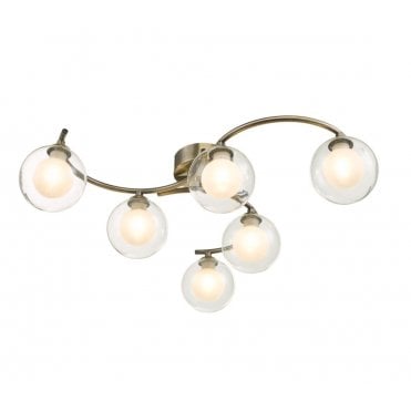 spiral 6 light ceiling semi flush in brass with double layered glass shades