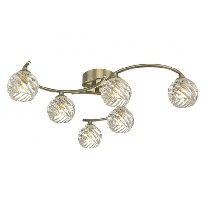 NAKITA 6 Light Semi Flush Ceiling Light Antique Brass With Twisted Open Glass