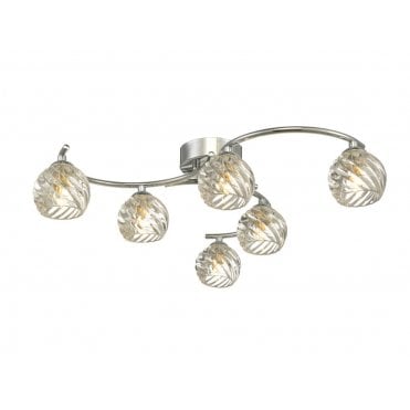 6 light spiral semi flush in chrome with twisted open glass shades