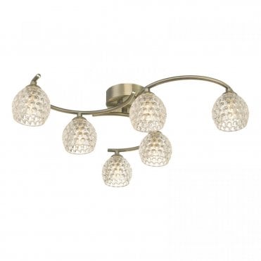 NAKITA 6 Light Semi Flush Ceiling Light in Antique Brass with Dimpled Glass