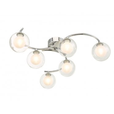 6 light spiraling semi flush ceiling light in chrome with double layered glass shades