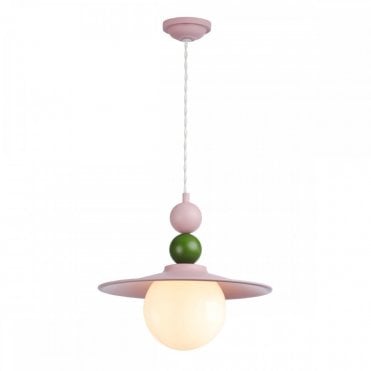 pink ceiling pendant with wide brim and round opal glass shade, threaded cord with a pink and green bead