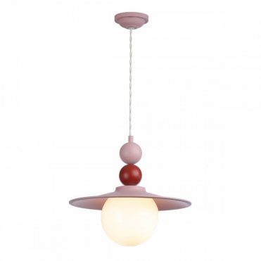 pink ceiling light with red bead and wide brim over a large round opal glass shade