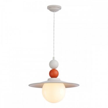 ceiling pendant in cream with wide brim covering large opal shade and a threaded orange bead 