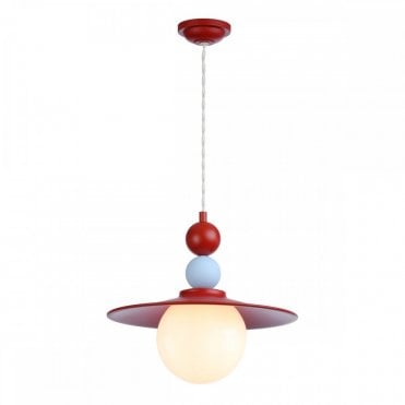 hanging ceiling pendant with opal glass shade and wide red rim, with a cream cord threaded with red and blue beads