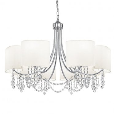 8 Light Chrome Chandelier Clear Glass Buttons and White