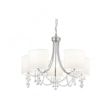 NINA - Chrome/Clear Beads 5 Light Fitting White Shades