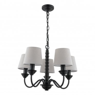 black chandelier with linen shades