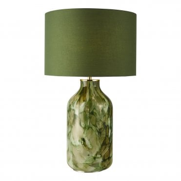 green contemporary artisanal glass table lamp with green cotton shade