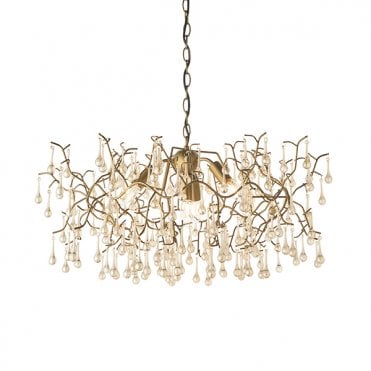 Aged Gold Branch Chandelier With Glass Droplets
