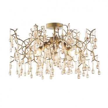 Aged Gold Branch Semi-Flush With Glass Droplets