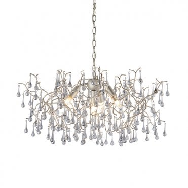 OASIS Aged Silver Branch Chandelier With Glass Droplets