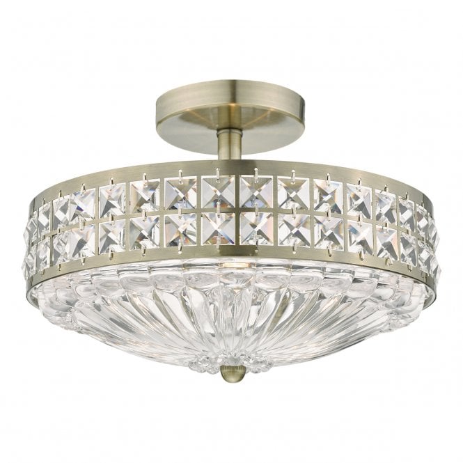OLONA - 3 Light Semi Flush Ceiling Antique Brass And Clear Crystal