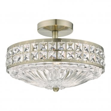 3 Light Semi Flush Ceiling Antique Brass And Clear Crystal