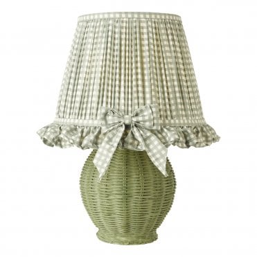 small country inspired table lamp with raffia style base and gingham shade