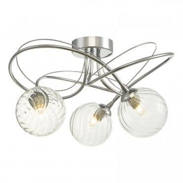 dramatic three light ceiling semi flush in chrome with twisted glass shades