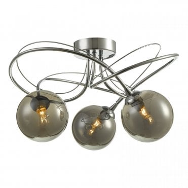 chrome 3 light ceiling semi flush with smoked glass shades