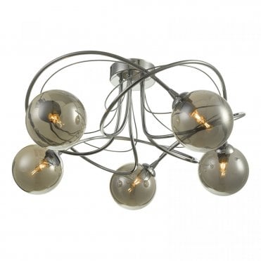 5 light ceiling semi flush in chrome with smoked glass shades