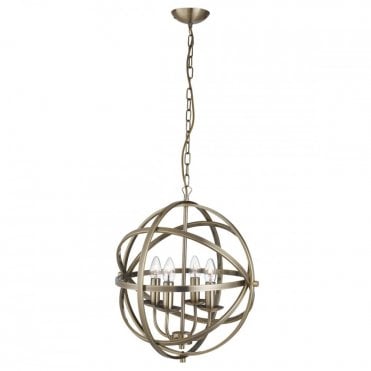 ORBIT - 4 Light Cage Frame Orb Ceiling Pendant Antique Brass