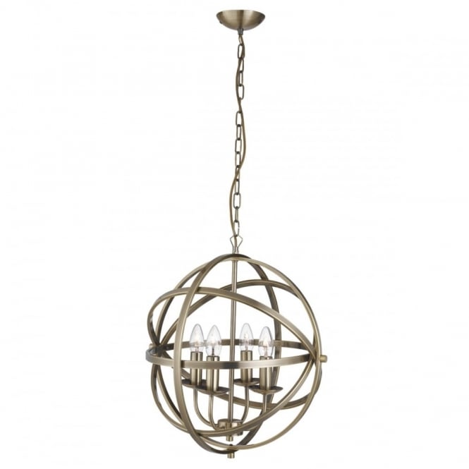ORBIT - 4 Light Cage Frame Orb Ceiling Pendant Antique Brass