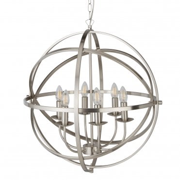 ORBIT 6 Light Cage Frame Orb Pendant Satin Silver