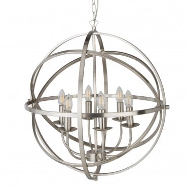 ORBIT 6 Light Cage Frame Orb Pendant Satin Silver