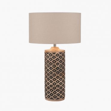 tall cylindrical table lamp with wooden diamond carvings
