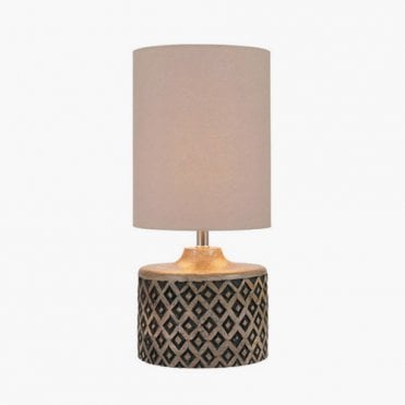 wooden carved table lamp with taupe cotton shade