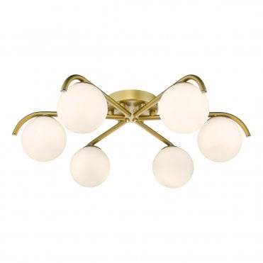 6 light flush ceiling light in satin gold with opal glass