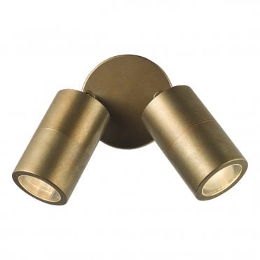 a modern, aged brass outdoor wall light featuring two spotlights 