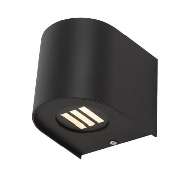 A small, modern, black, LED, outdoor wall light