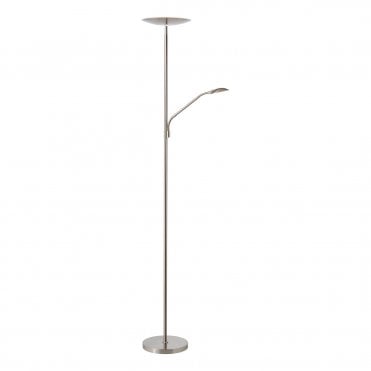 A contemporary mother and child LED floor lamp in a satin nickel finish