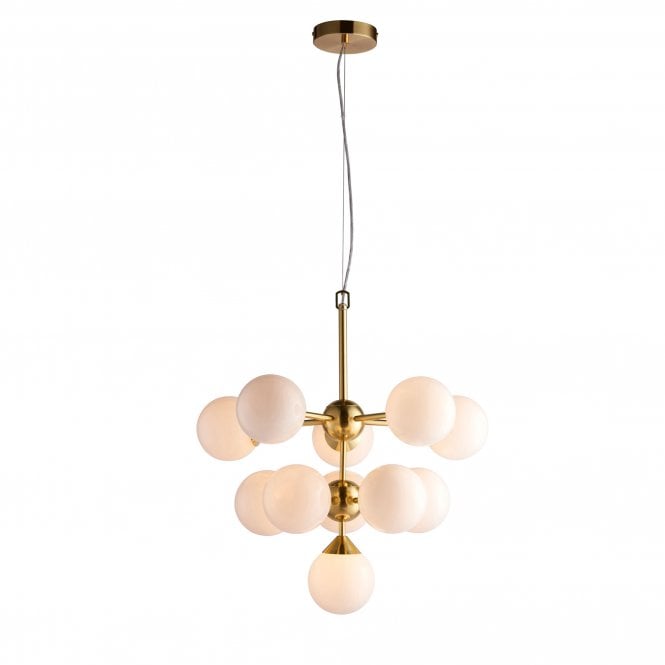 OSCAR Deco 11 Light Ceiling Pendant in Satin Brass with White Gloss Glass Globe Shades