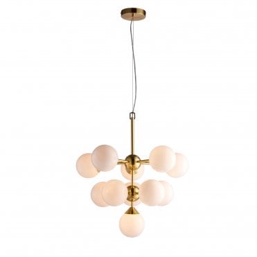 OSCAR Deco 11 Light Ceiling Pendant in Satin Brass with White Gloss Glass Globe Shades