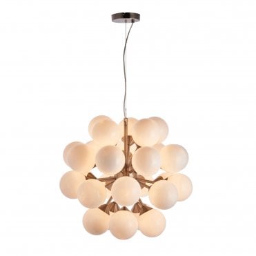 OSCAR Deco 28 Light Ceiling Pendant in Satin Nickel with White Gloss Glass Globe Shades