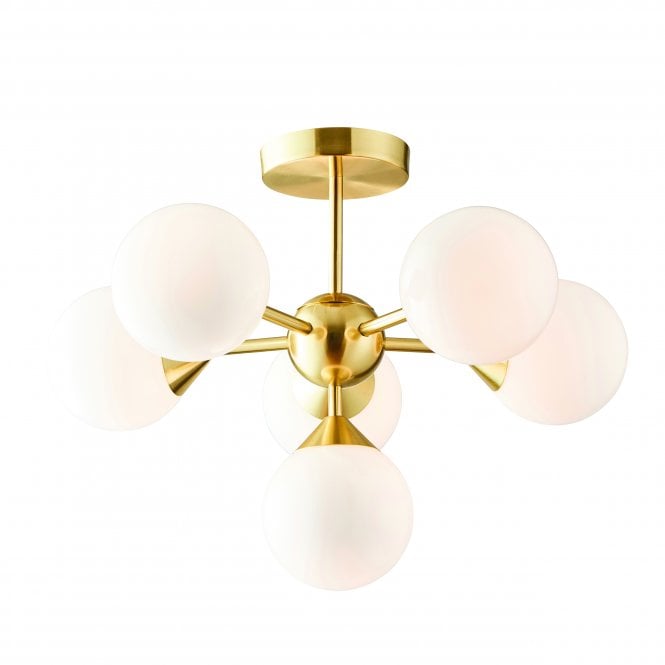 OSCAR Deco 6 Light Semi Flush Ceiling Fitting in Satin Brass with White Gloss Glass Globe Shades