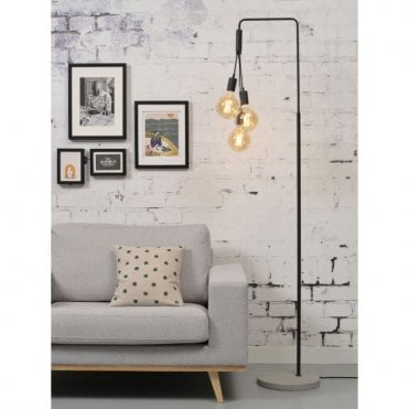 black modern floor lamp with exposed bulbs