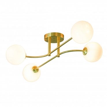 OTTO 4 Light Semi Flush Ceiling Fitting 3W Satin Brushed Gold Finish & Gloss Opal Glass