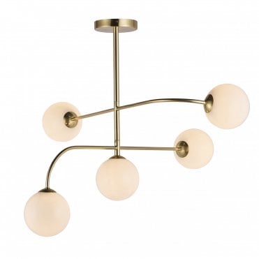 OTTO 5 Light Semi Flush Satin Brass Mid-Century Ceiling Light with Opal Glass Globe Shades