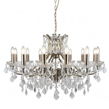 12 Light Chandelier Clear Crystal Drops & Trim Antique Brass