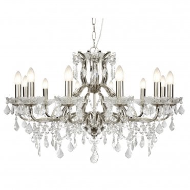 12 Light Chandelier Clear Crystal Drops & Trim Satin Silver