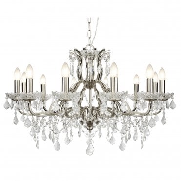 PARIS 12 Light Chandelier Clear Crystal Drops & Trim Satin Silver