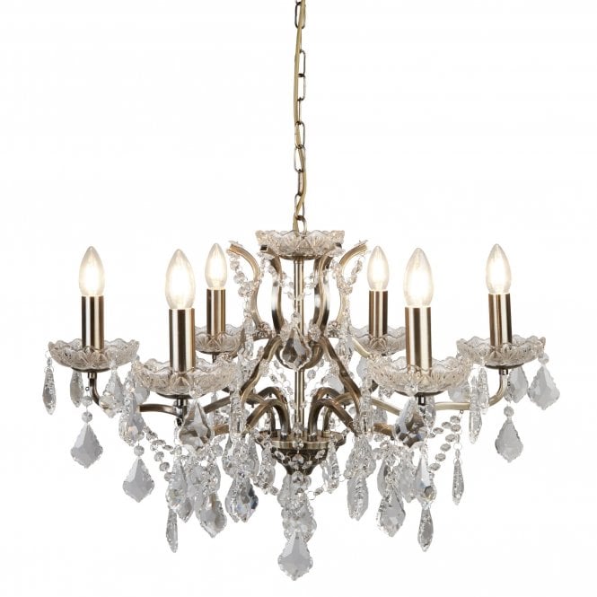 PARIS 6 Light Chandelier Clear Crystal Drops & Trim Antique Brass