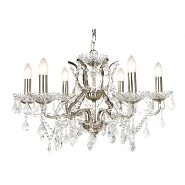 PARIS 6 Light Chandelier Clear Crystal Drops & Trim Satin Silver