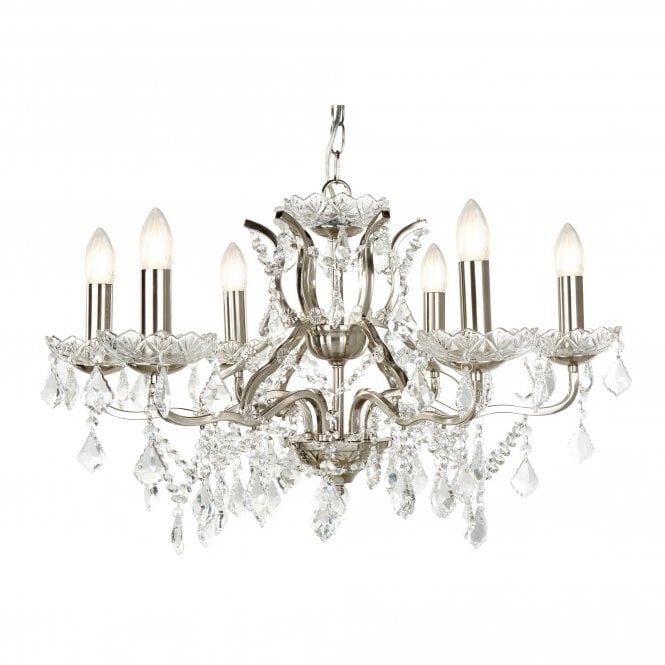 PARIS 6 Light Chandelier Clear Crystal Drops & Trim Satin Silver