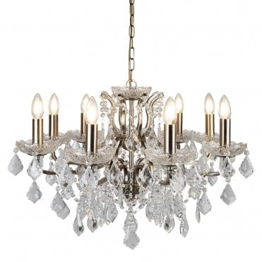 PARIS 8 Light Chandelier Clear Crystal Drops & Trim Antique Brass