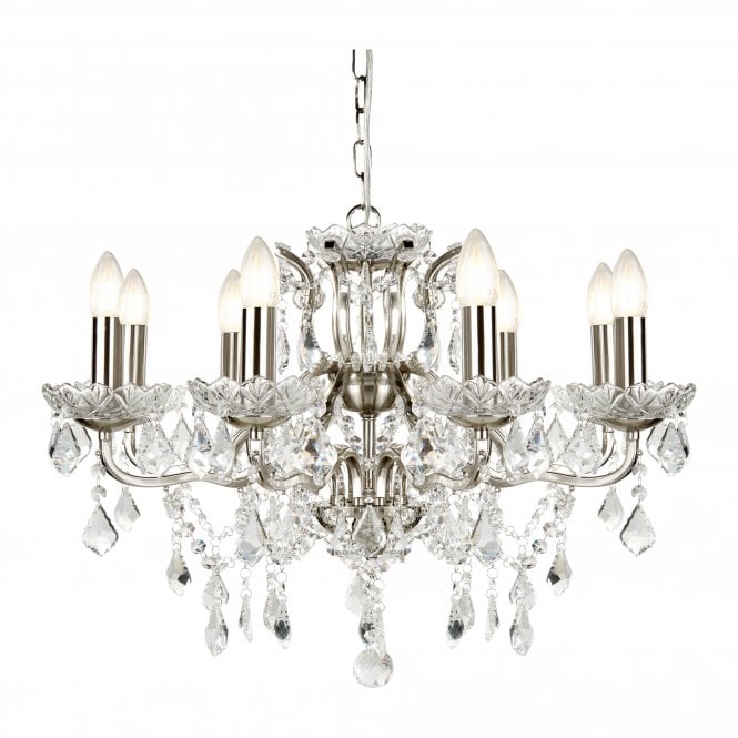 PARIS 8 Light Chandelier Clear Crystal Drops & Trim Satin Silver