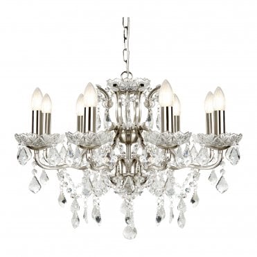 PARIS 8 Light Chandelier Clear Crystal Drops & Trim Satin Silver