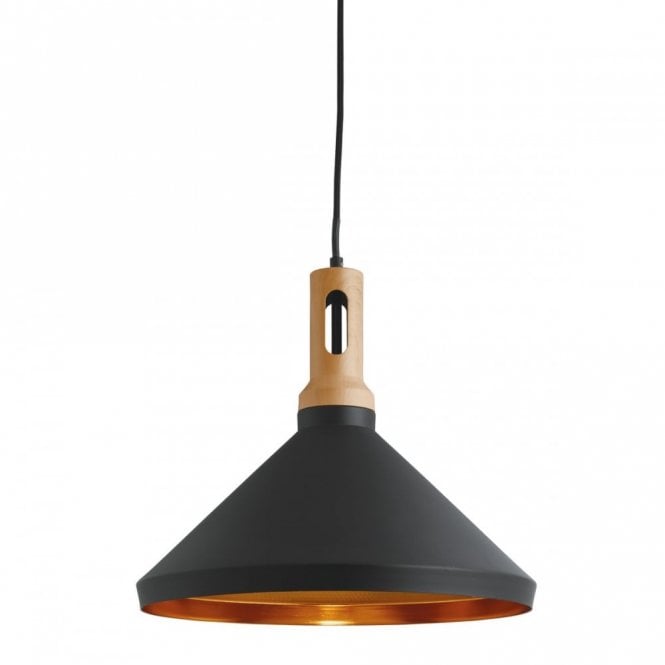 PENDANT - 1 Light Cone Gold Inner Black Outer With Wood Effect